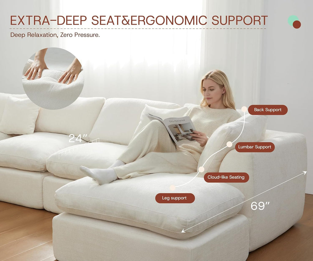 110'' Oversized Boneless Cloud Couch , Modern Big Sectional Compressed L Shape Couch with Ottoman, Comfy Chenille