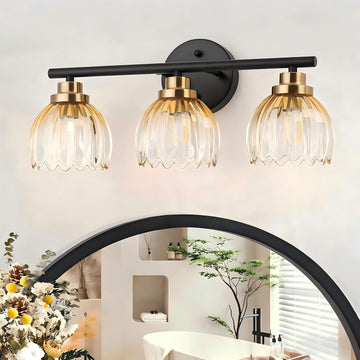 Black Gold 3-Light Bathroom Vanity Light with Amber Tulip GlassShade | Modern Vanity Lighting Fixtures, Bathroom