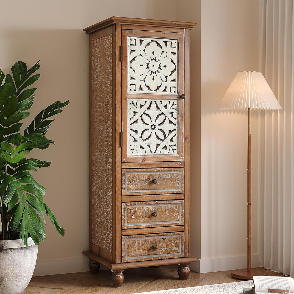 Solid Wood Tall Accent StorageCabinet,Narrow Carved Sideboard Buffet | Fir Wood 54" Tall Narrow Accent Storage