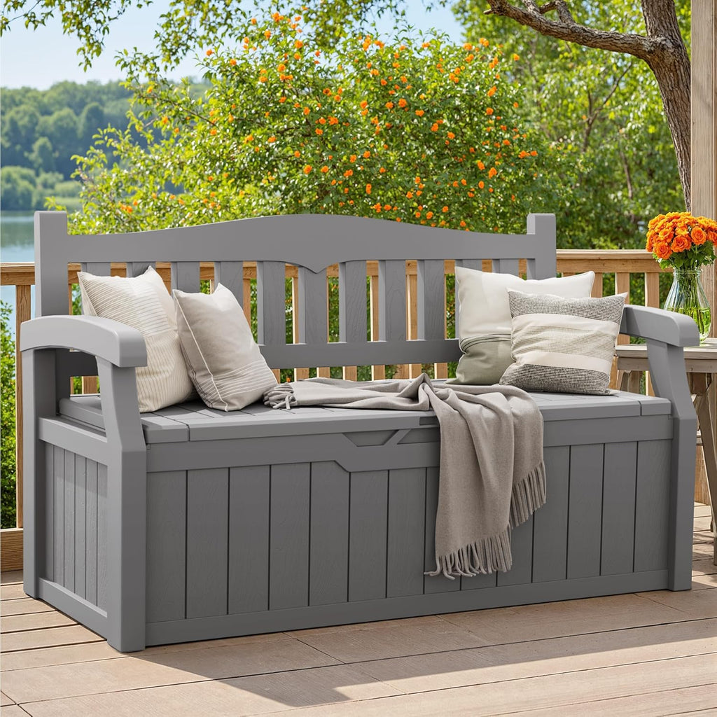 80 Gallon Storage Bench Outdoor Deck Box with Armrest, Grey | Patio Furniture,Lockable, Waterproof and UV Resistant