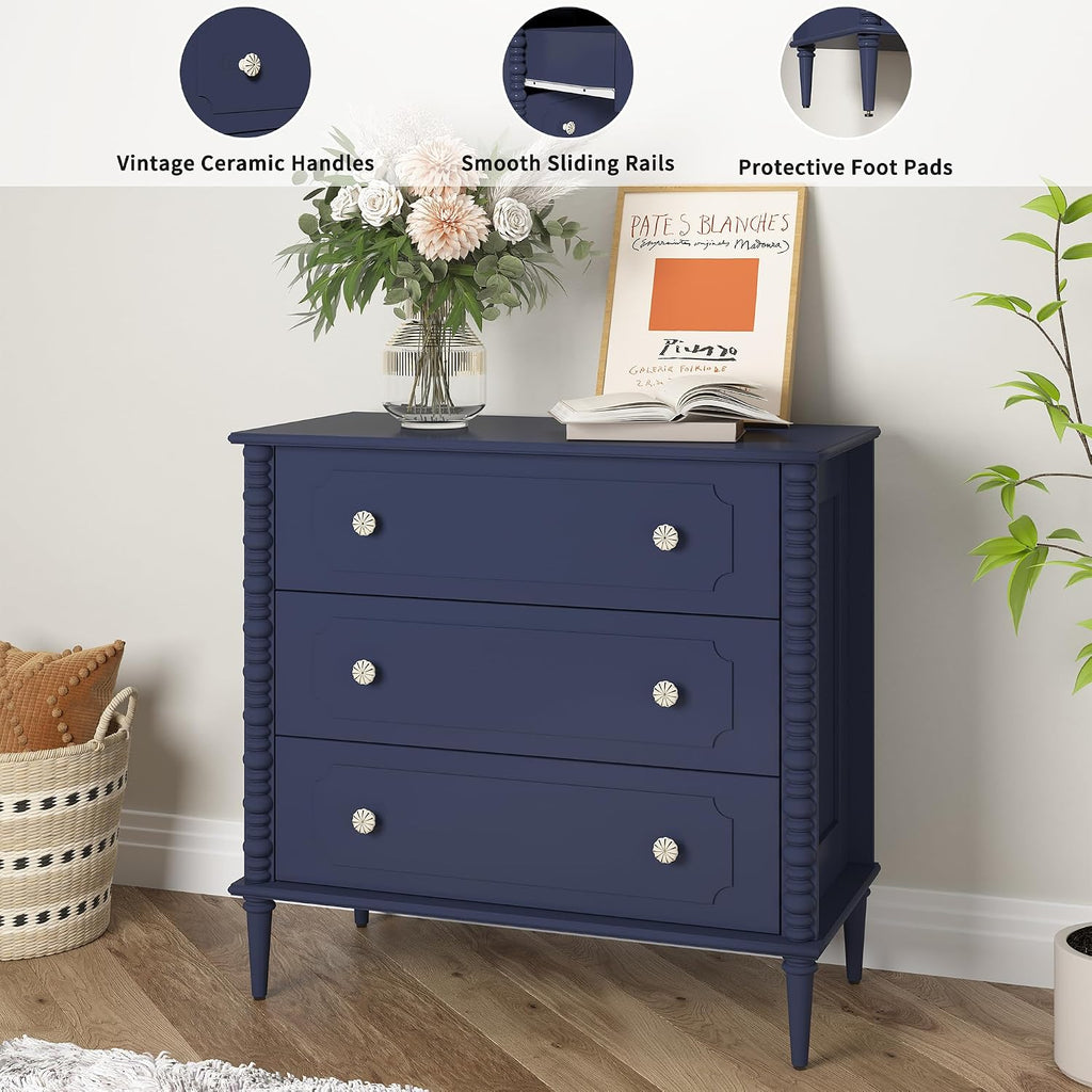 3 Drawer Dresser, 32 inch Wide Dresser , Modern Wood Chest of Drawers, Turned Legs Nightstand with 3 Drawers s