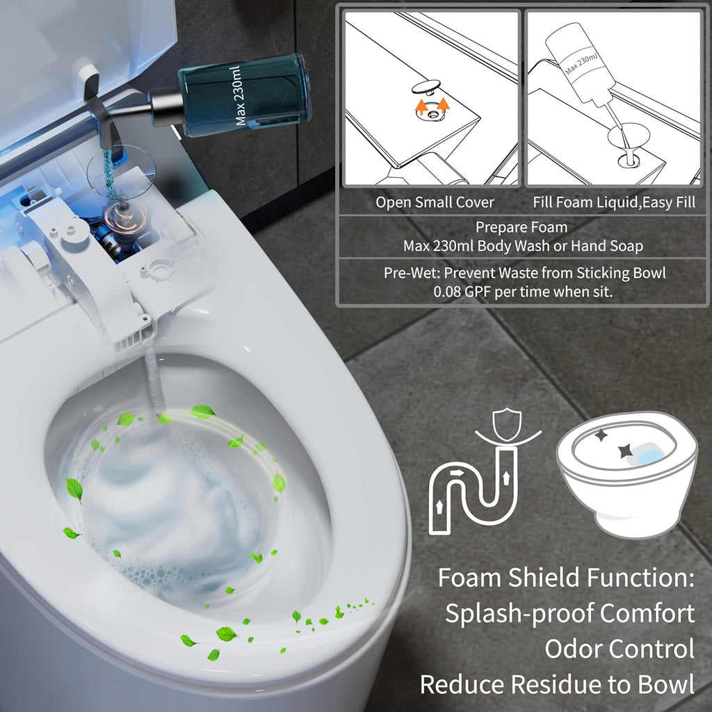 Smart One-Piece Toilet with Built-In Bidet, Dual Auto Flush, Heated Seat, Warm Water, Deodorizer, Foot Sensor, Foam System, Night Light