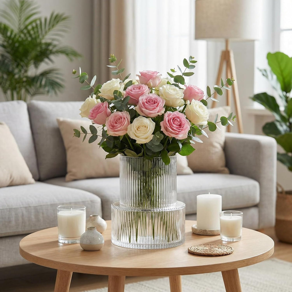 Ribbed Glass Vase, Flower Vase, Fluted Clear Vases