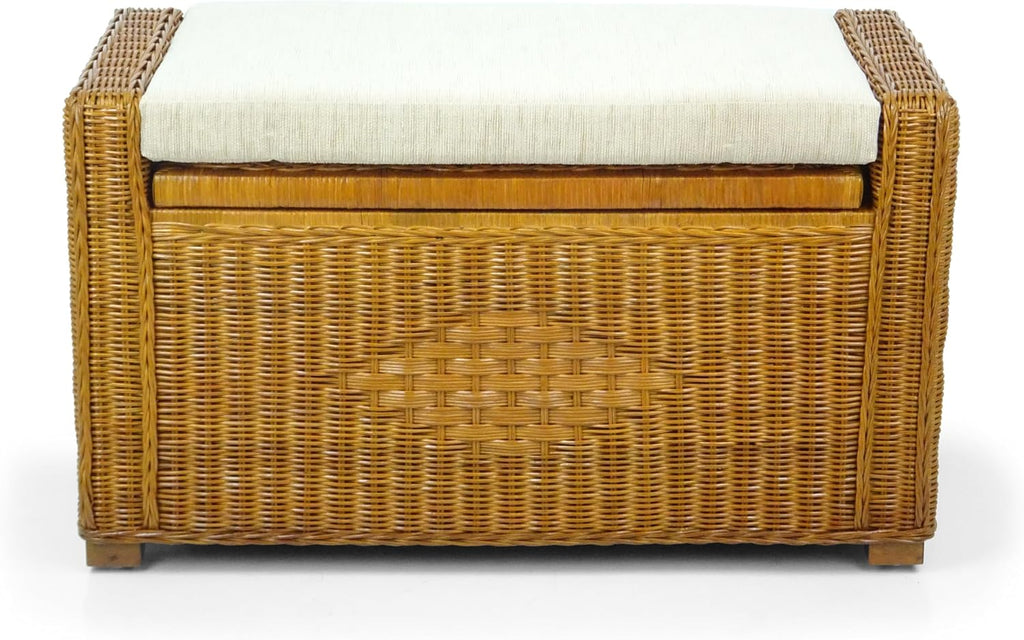 Bruno Handmade 32 Inch Rattan Wicker Chest Storage Trunk Organizer Ottoman W/Cushion Colonial