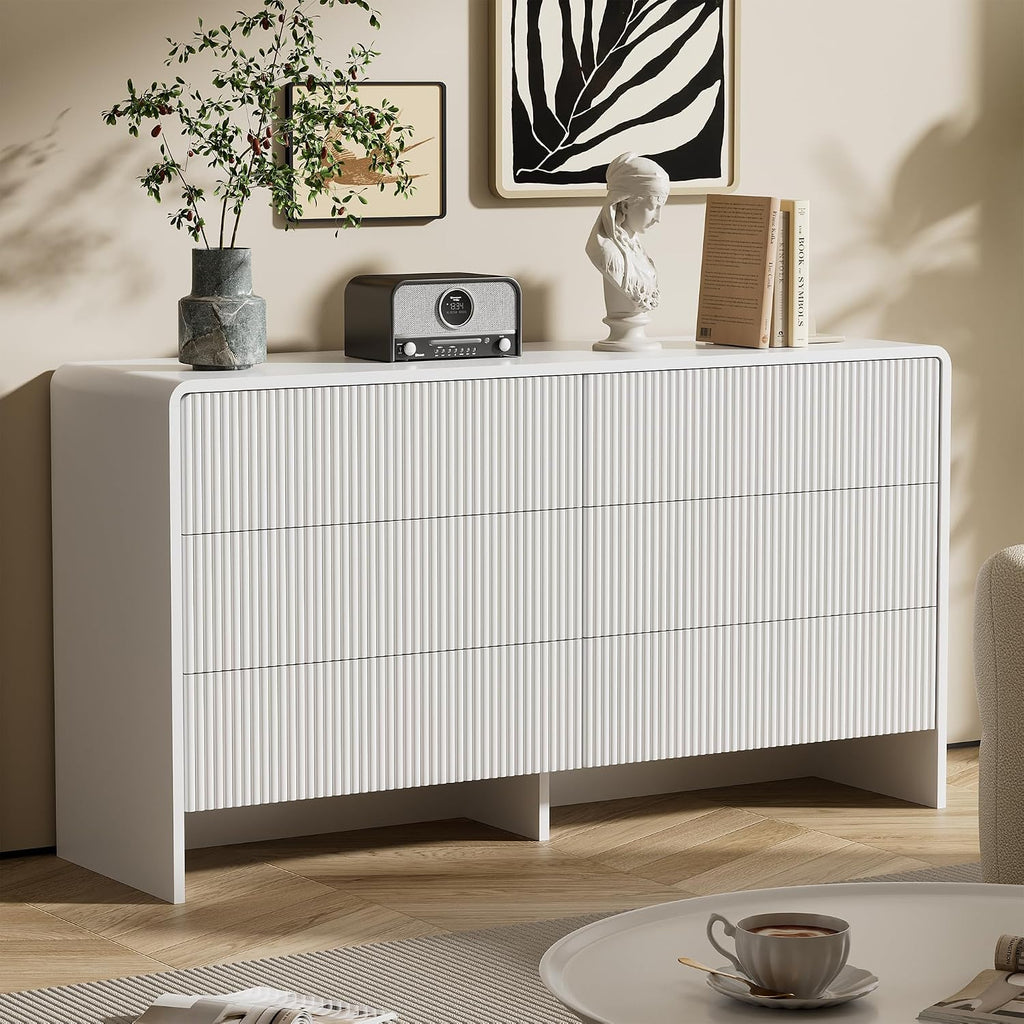 55" Wide Modern Dresser , 6 Drawer Chest of Drawers with Curved Design, Push-to-Open Storage Dresser, White