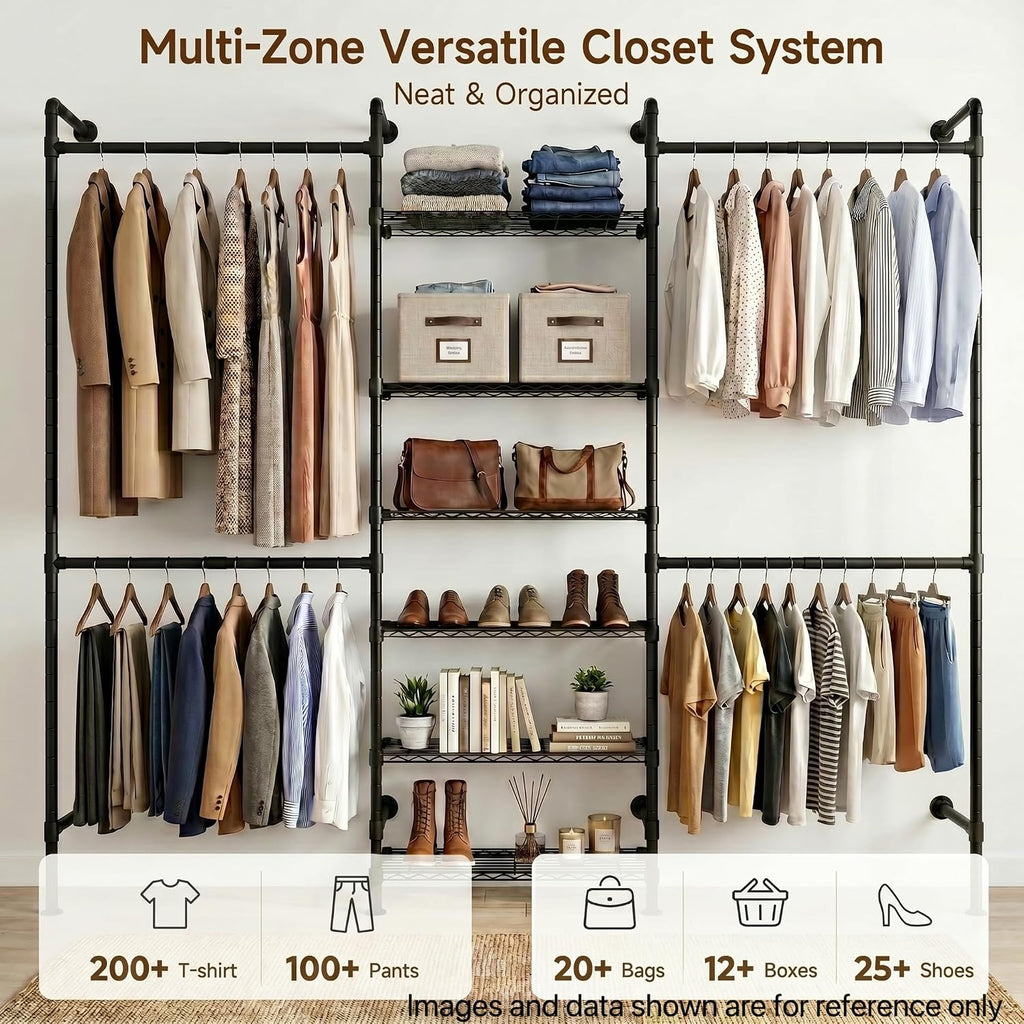 F3 Wall Mounted Closet System, Industrial Pipe Clothing Rack for Hanging Clothes, Heavy Duty Closet Organizer System