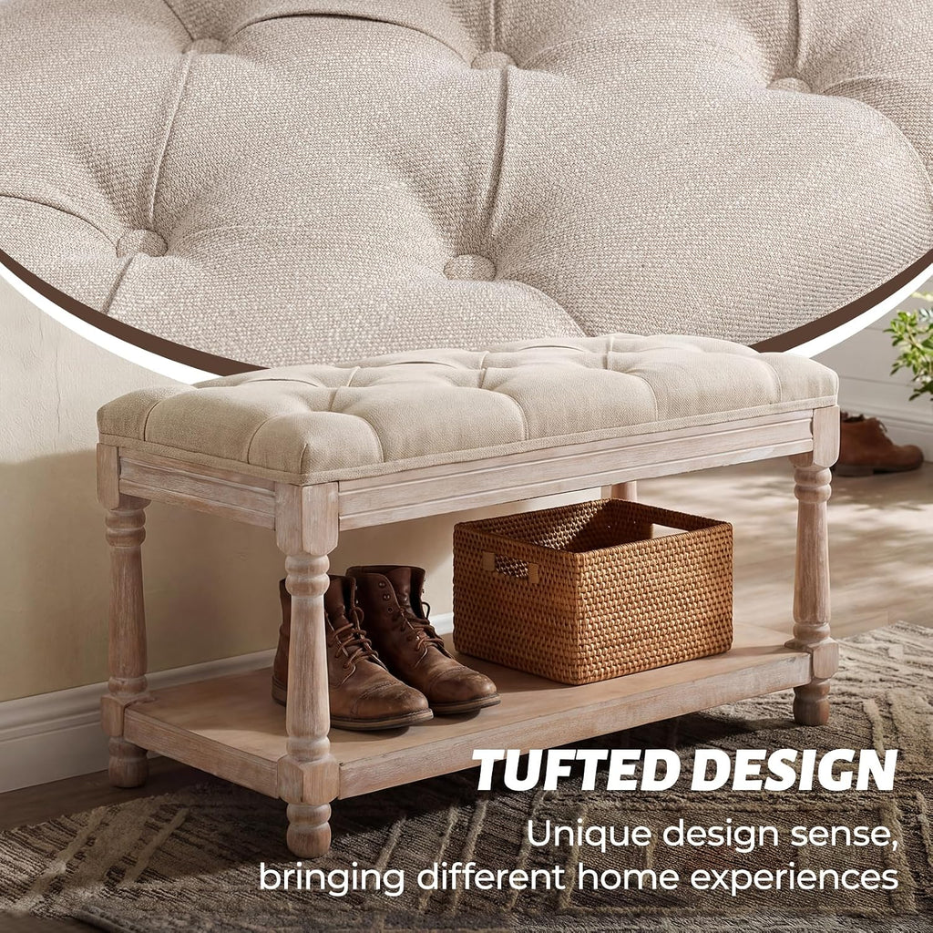 Storage Entryway Bench Tufted Shoe Rack Bench Wood Window Bench Entrance Bedroom Corner-1 Seat, Beige