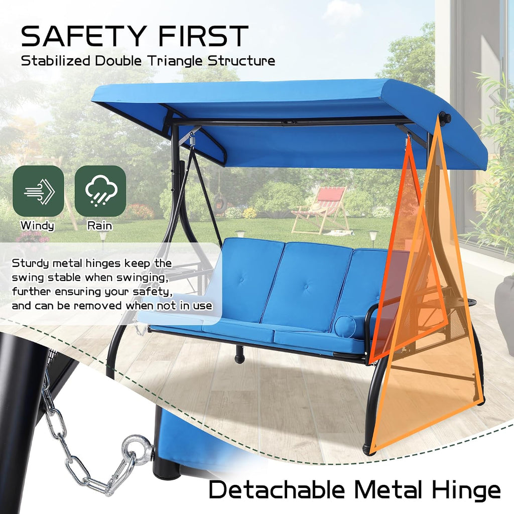 3 Seat Outdoor Patio Swing with Stand, 3-in-1 Porch Swing with Adjustable Canopy & Deep Cup Holders, Patio Glider