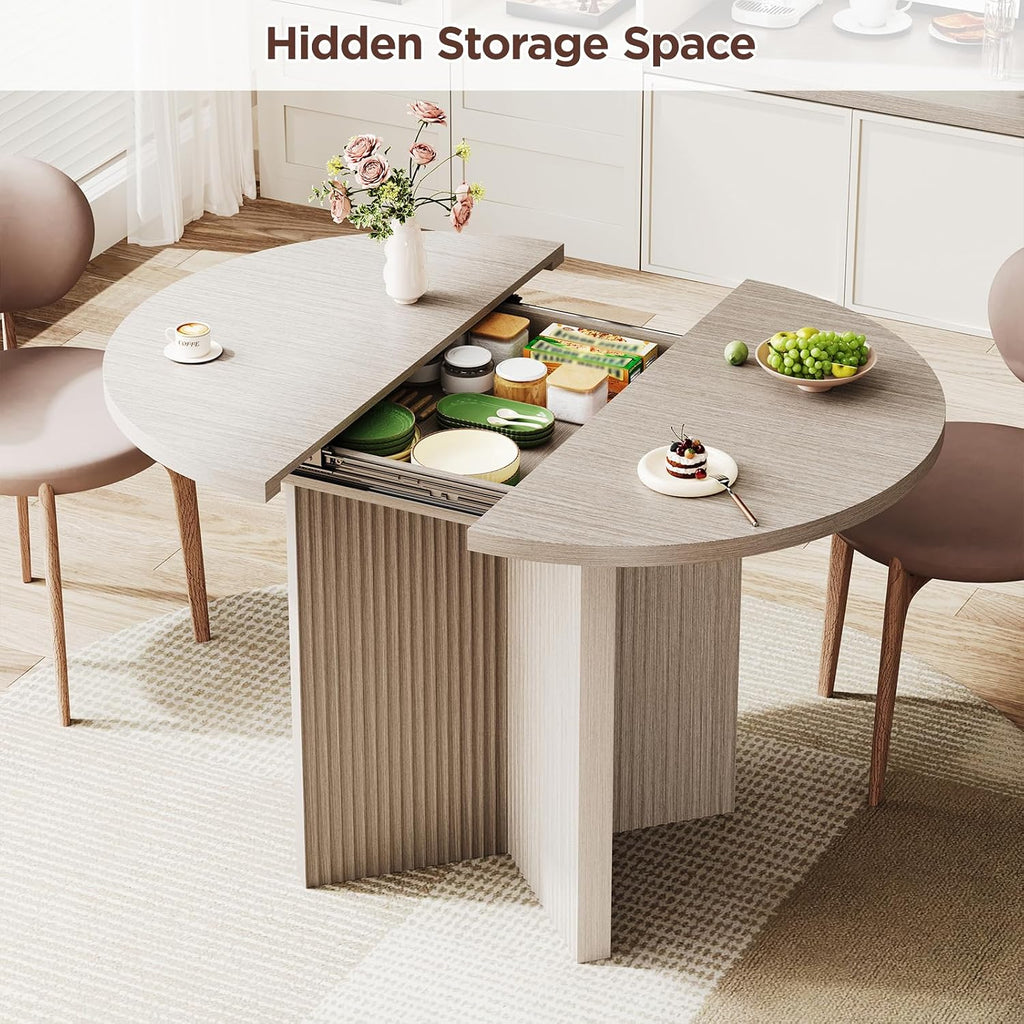 Extendable Dining Room Table for 4-6, Modern Kitchen Oval Dining Table with Large Storage, Round Expandable Kitchen
