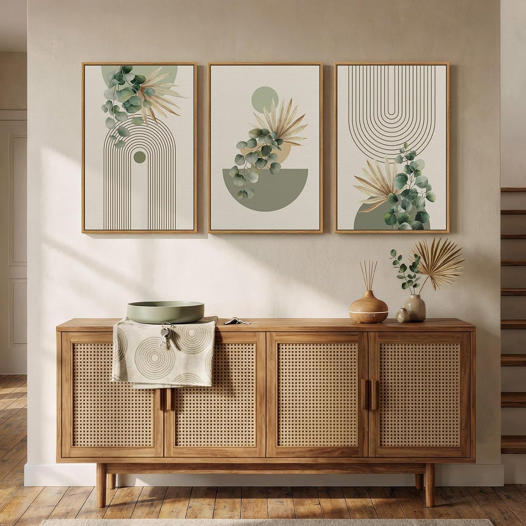Framed Green Boho Wall Art , 3 Piece Bohemian Botanical Canvas Painting Prints, Modern Geometric Eucalyptus Leaf