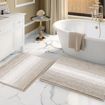 Bathroom Rugs and Mats Sets, 2 Piece Thick Absorbent Chenille Bath Mat Rug Set Non Slip, Soft Shaggy Bath Room Floor