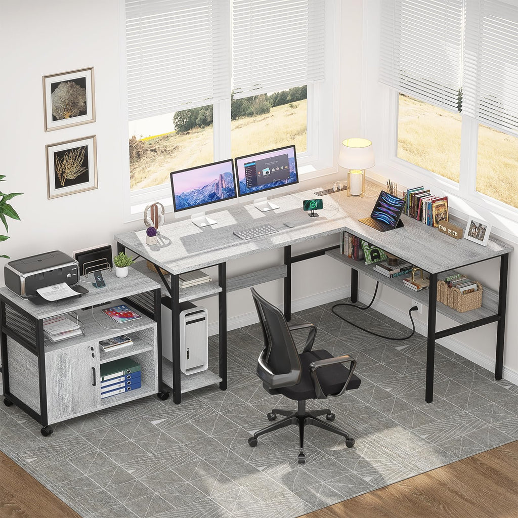 L Shaped Computer Desk with Magic Power Outlets and USB Charging Ports, Sturdy Reversible Corner Desk with Storage