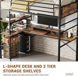 Loft Bed Twin with l-Shaped Desk, Metal Bunk Bed with 2 Open Shelves and Decorative Mesh