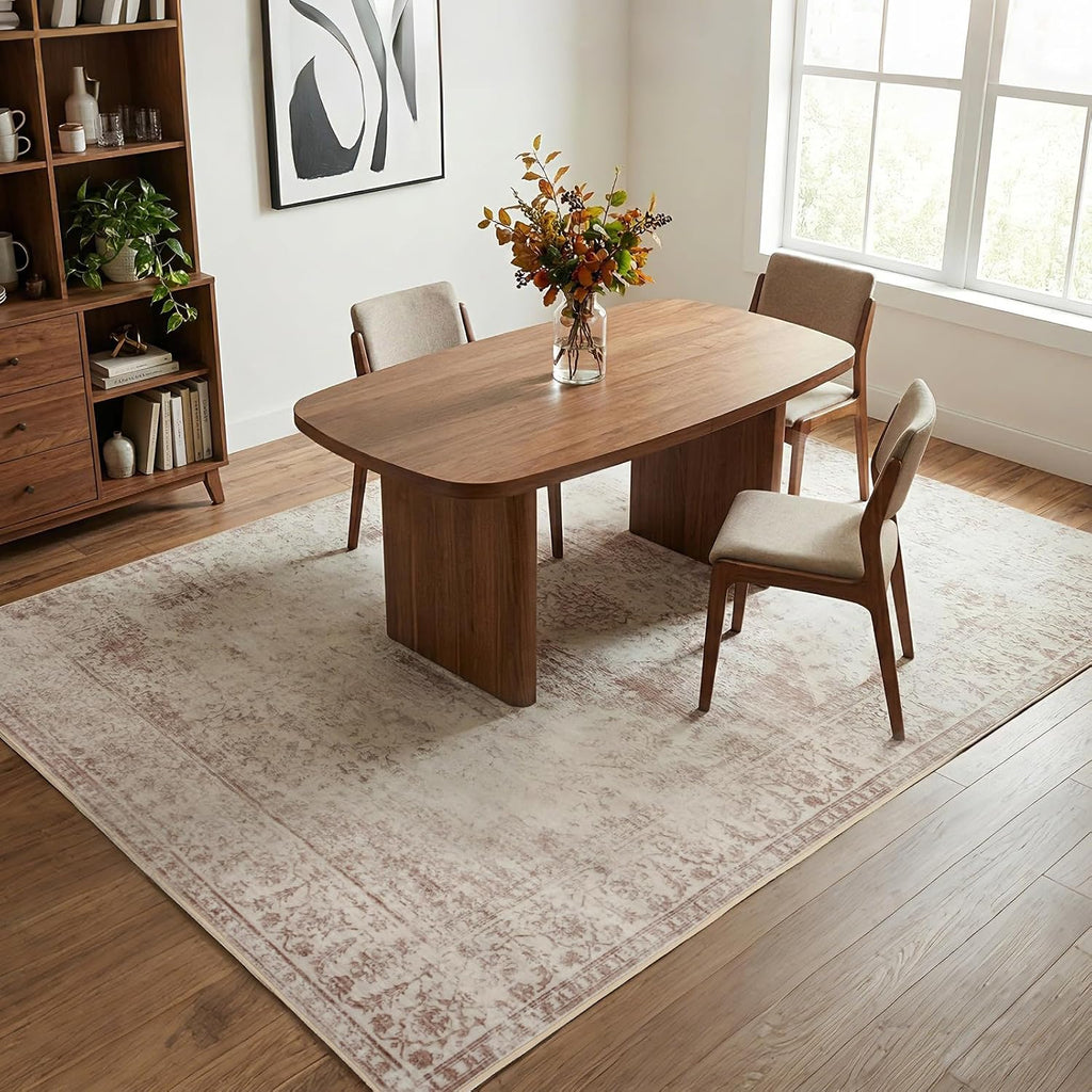 Washable Area Rug 9x12, Non-Slip Backing, Distressed Beige