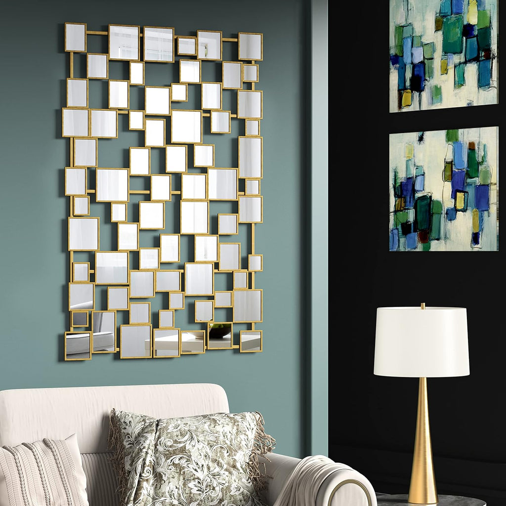 Gold Modern Wall Mirror - 45"×30" Large Metal Framed Decorative Mirror, Unique Mosaic Design Wall Mirrors Entryway