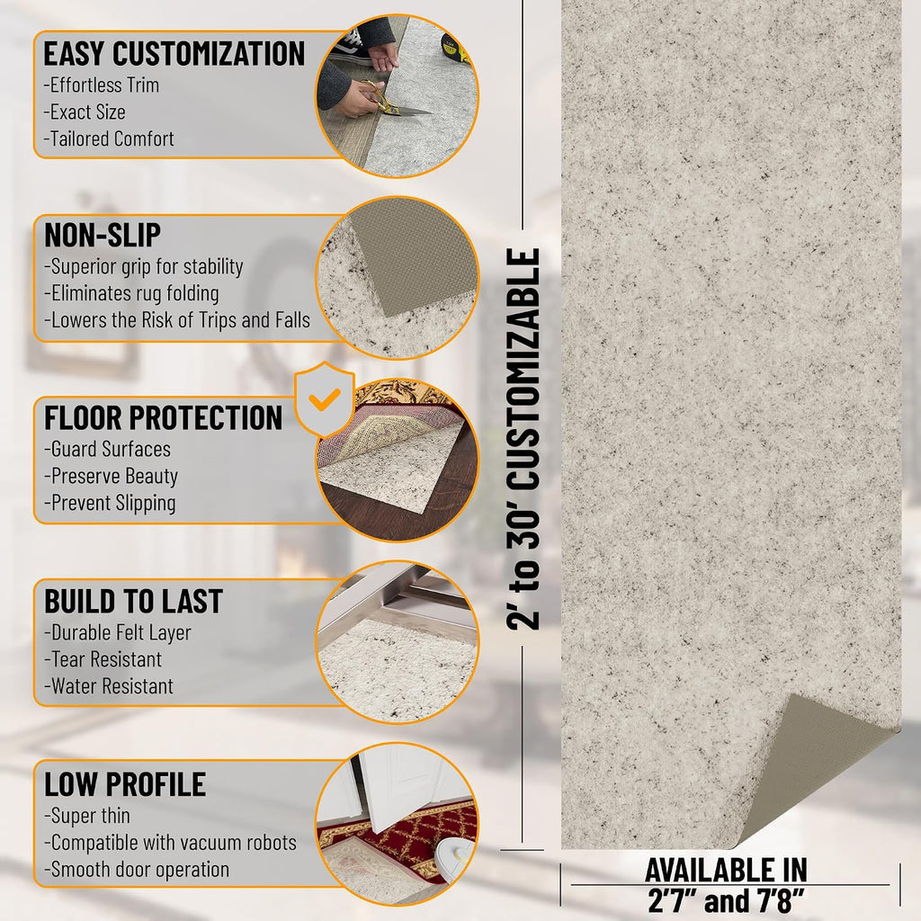 Non Slip Rug Pad Grip 3x8 1/8 Thick, Protection for Any Flooring Surface, Keep Your Runner Rug and Area Rugs