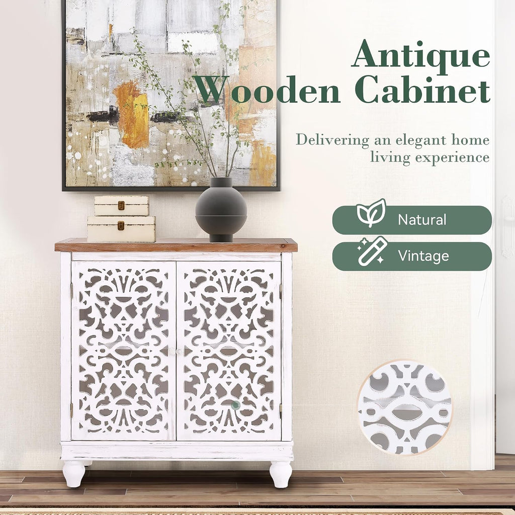 Accent Cabinet with Doors, White Carved Buffet Cabinet | White Accent Cabinet with doors, Small Carved Decorative