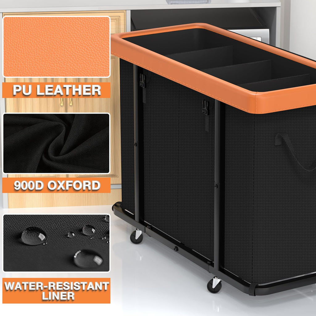 Basket with Wheels, 300L Leather Patchwork Laundry Sorter 4 Section