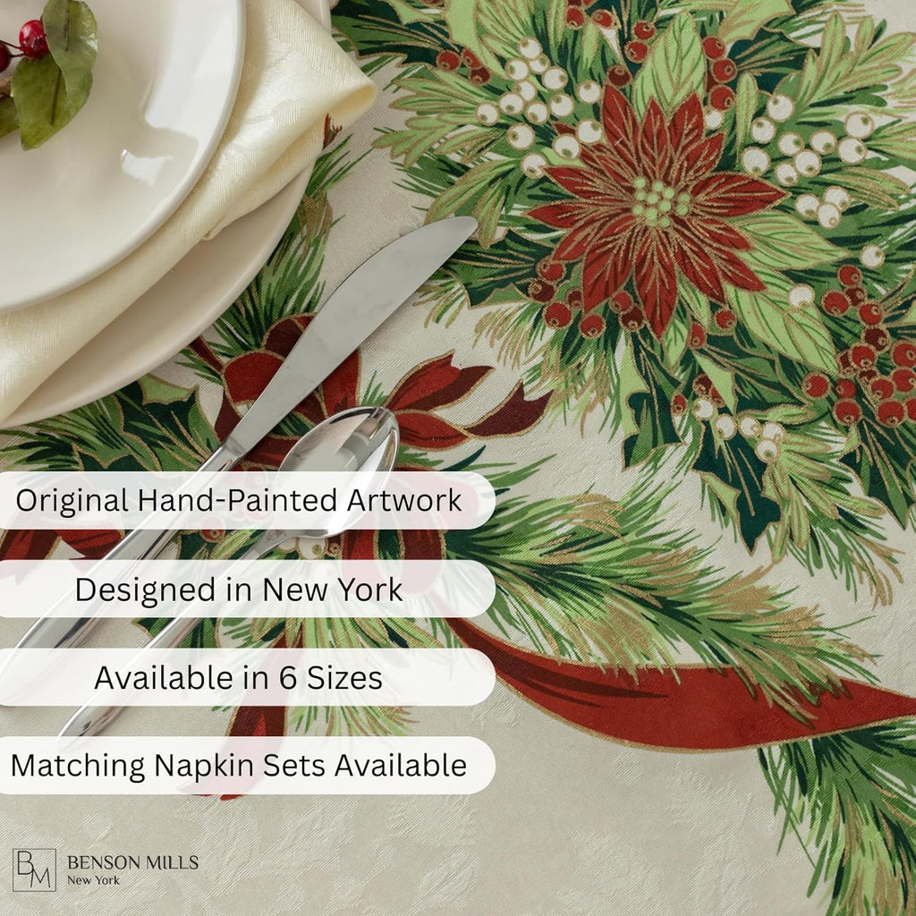 Christmas Ribbons Engineered Printed Fabric Table Cloth, Winter, Holiday and Christmas Tablecloth (7