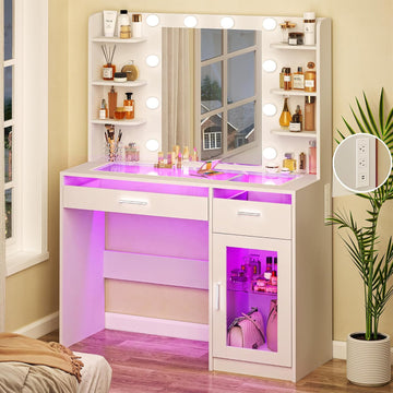 Vanity Desk with Mirror and Lights, Makeup Vanity Desk with Lights 3 Colors, Transparent Top Vanity with 2 RGB