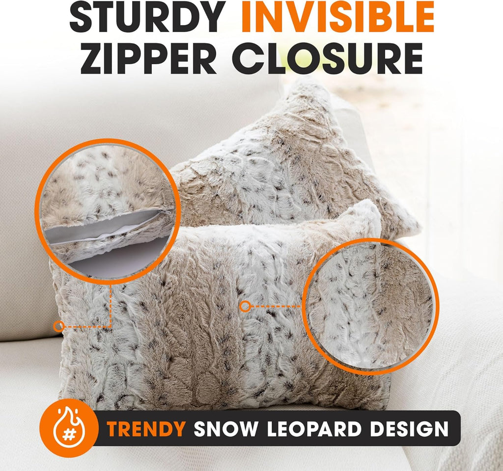 Faux Fur Throw Pillows with Inserts - Set of 2 Decorative Square Couch Pillows, 12” x 20” Snow Leopard Embossed Ombre