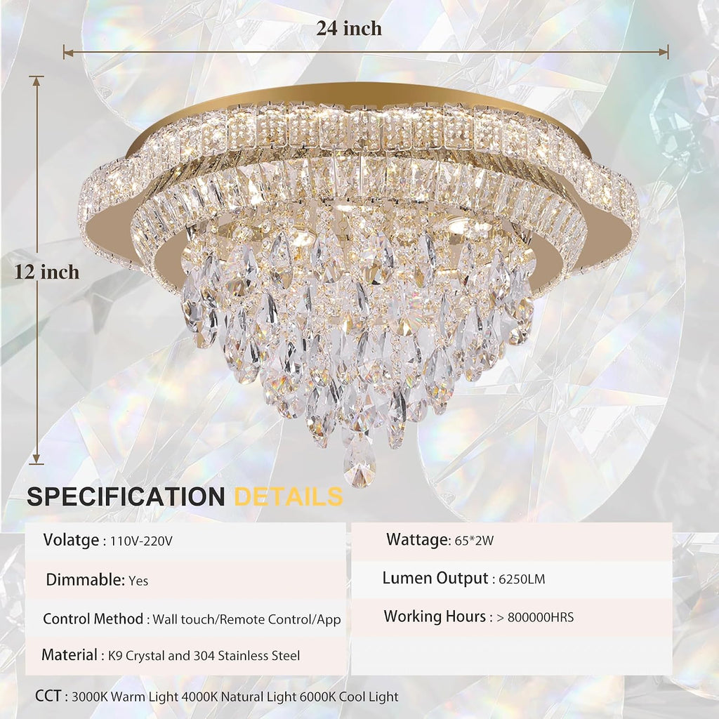 24 inch Crystal Chandeliers With Remote and APP Control, Modern Luxury Flush Mount Gold Ceiling Light, 3CCT Dimmable