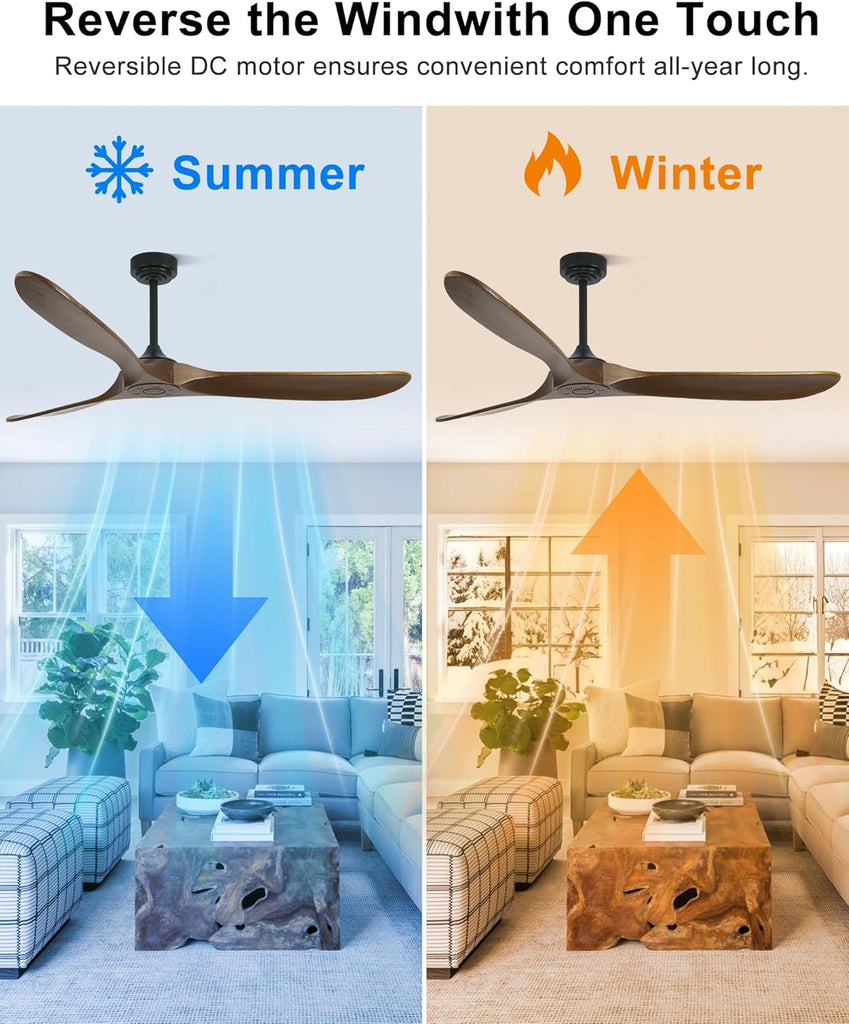 72" Ceiling Fans without Lights, Wood Large Ceiling Fan no Light with Remote Alexa Google App