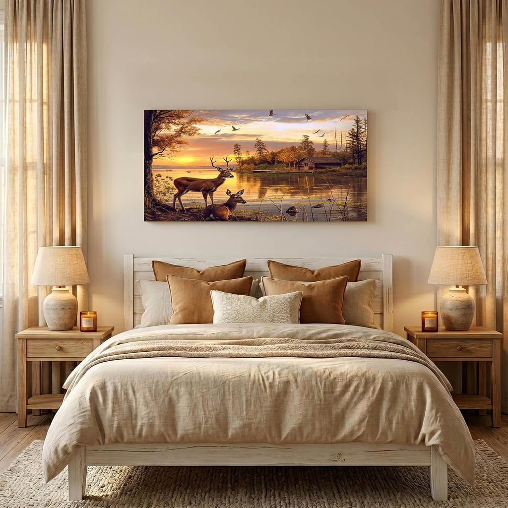 Golden Rustic Animal Deer Canvas Print Framed Vintage Wildlife Home Decor Livingroom Decorations Wall Art (Framed