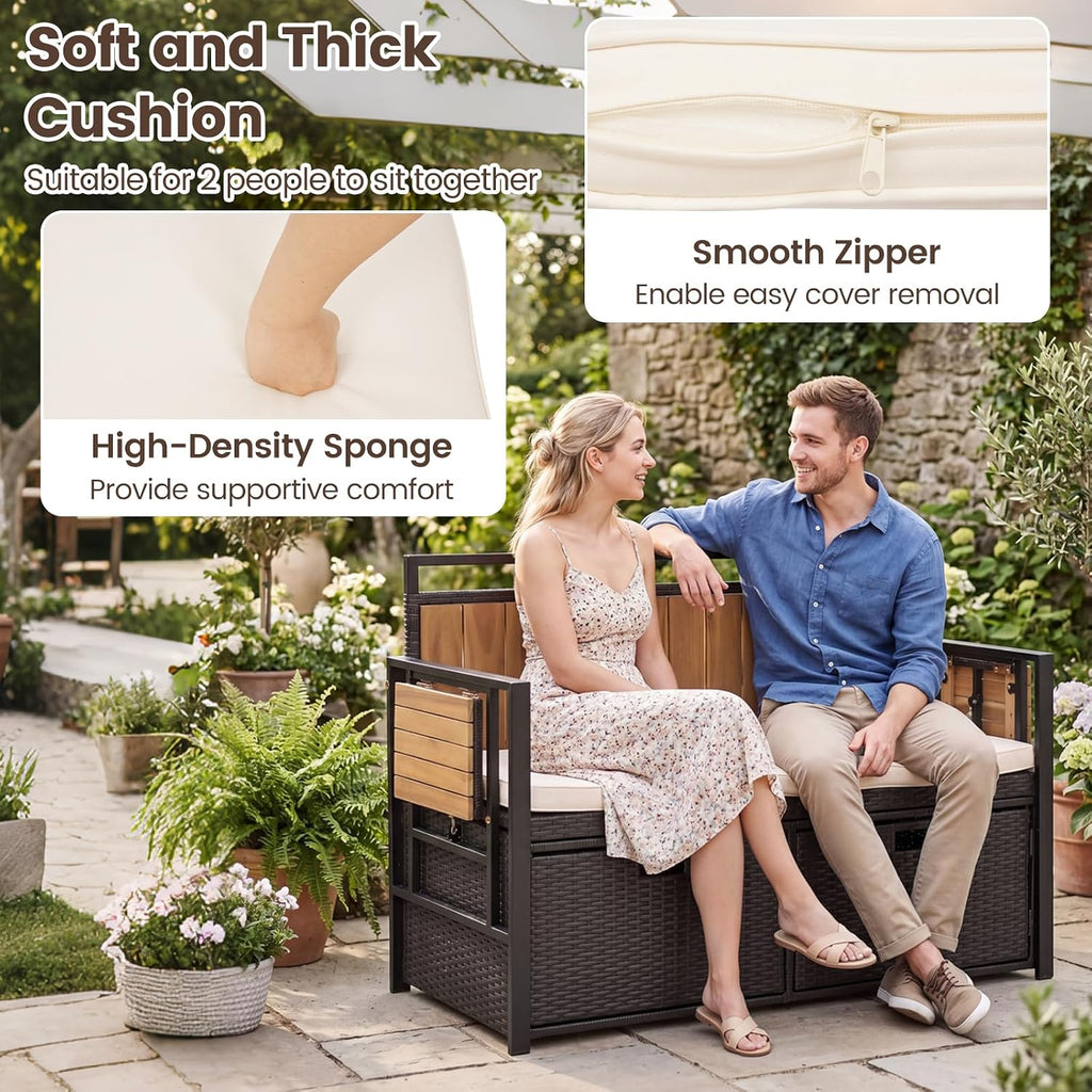 Outdoor Storage Bench, Outside Cushioned Loveseat Seating with Acacia Wood Backrest, 2 Folding Side Tables & 2 Doors