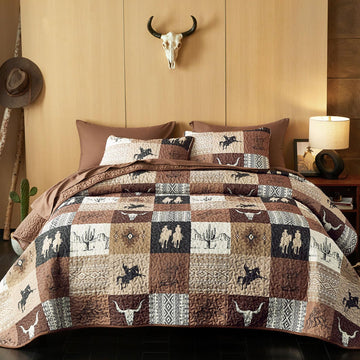 Quilt Set, Southwestern Aztec Country Horse Cowboy Rustic Ranch Pattern Printed, Reversible Lightweight Bedspread