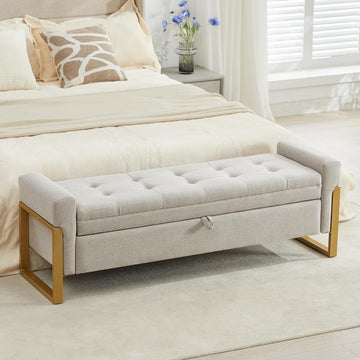 57" Storage Ottoman Bench, Upholstered End of Bed Bench, Beige | Metal Legs & Button-Tufted, Linen Ottoman with