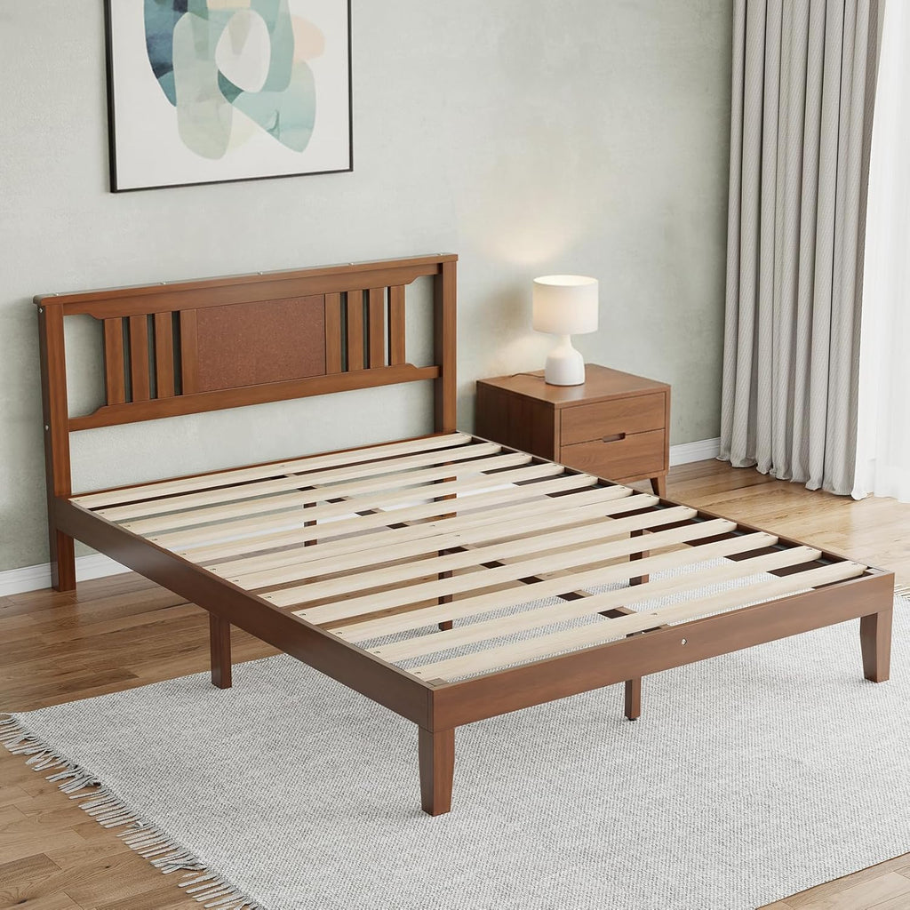 Solid Wood Bed Frame, Queen Platform Bed Frame with Headboard, Sturdy Wood Slat Support, Heavy Duty, No Box Spring