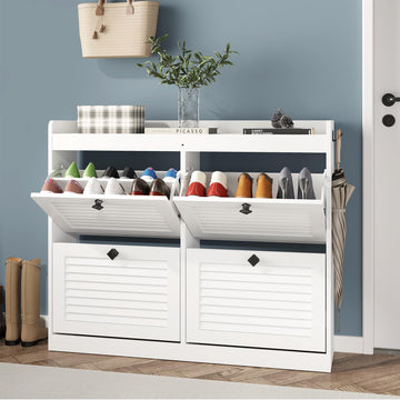 Shoe Cabinet with 4 Flip Drawers & Adjustable Shelves, White