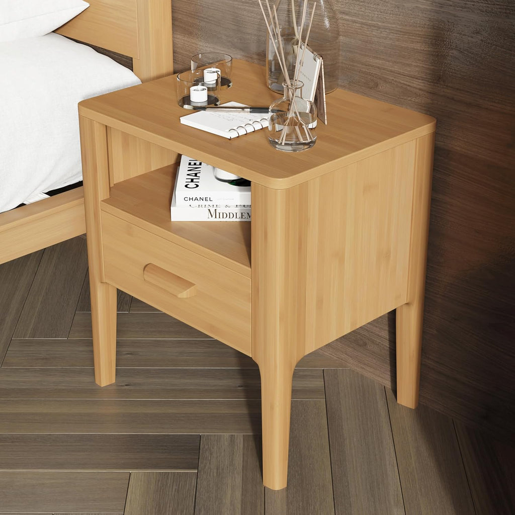 Bamboo Nightstands Set of 2 with Drawer & Shelf, Mid-Century Modern Solid Bedside Tables, Natural