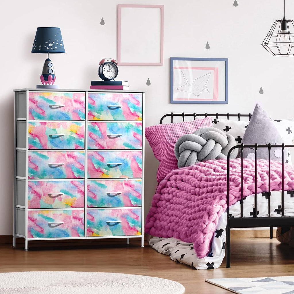 Kids Dresser with 10 Drawers - Storage Chest Organizer Unit Nightstand - Steel Frame, Wood Top, Tie-Dye Fabric Bins