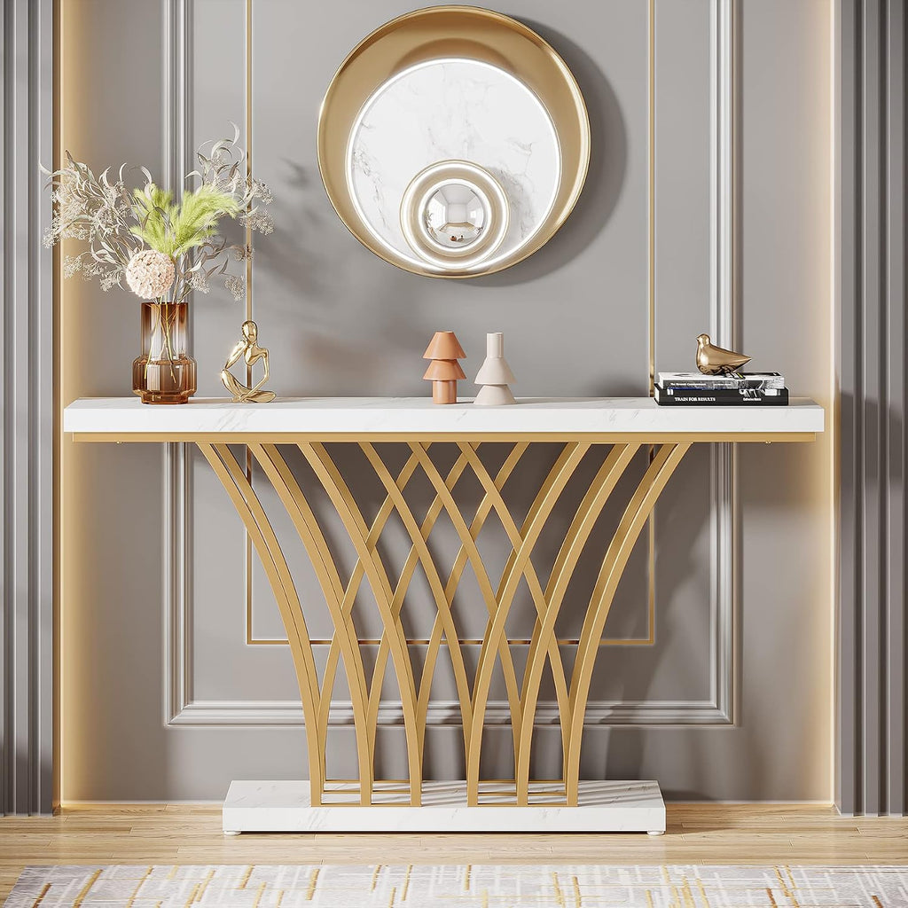 59 inch Gold Console Table, Modern Entryway Table with Grid-Shaped Metal Base for Entrance, Hallway, Entryway, Living