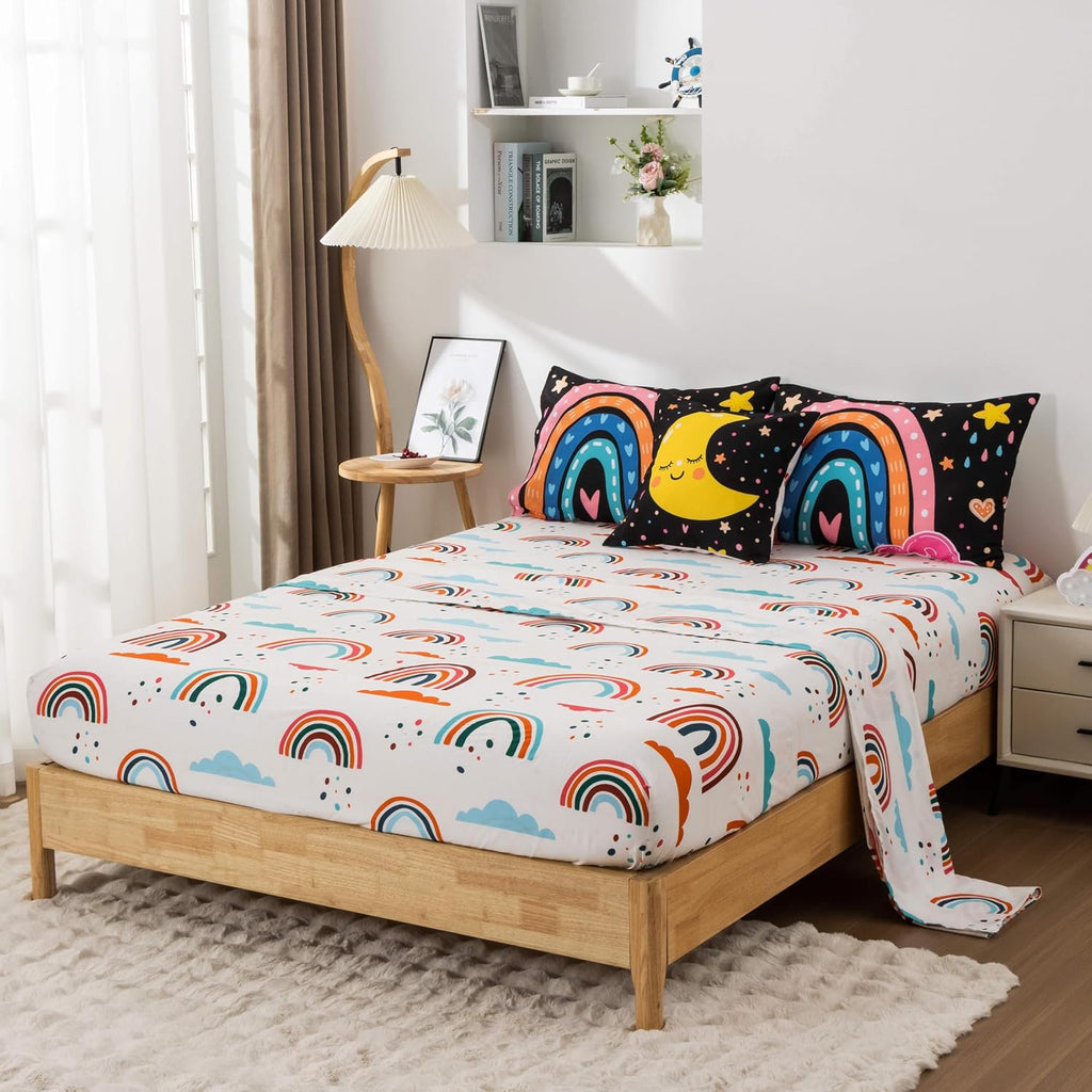 5 Piece Black Rainbow Comforter Set for Girls Boys Kids, Cartoon Cute Moon Stars Bedding Set, Bed in a Bag with - Set of 5