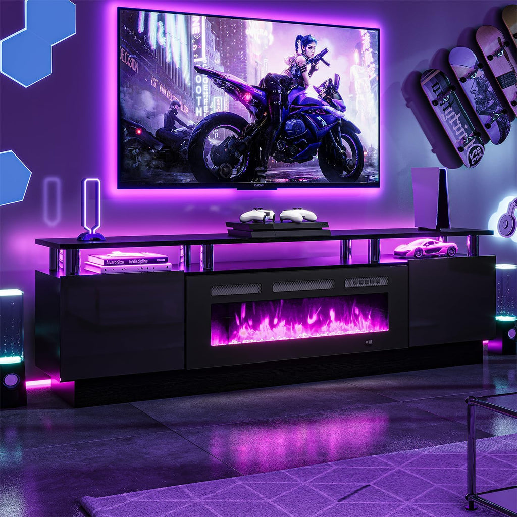 Fireplace TV Stand with 36" Electric Fireplace,LED Light Entertainment Center,2 Tier TV Console Stand for TVs Up to 80",Fireplace for The Living Room TV Stand,Black
