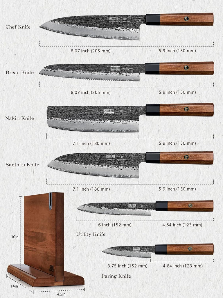 7 Pcs Knife Set with Magnetic Knife Block, Ultra Sharp Knife Set | Hand Forged 9 Layers 10CR15MOV High Carbon Steel