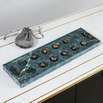 Marble Mancala Board Game - 12" Natural Organic Stone Strategy Mancala Game Set with 144 Metal Beads (72 Gold & 72