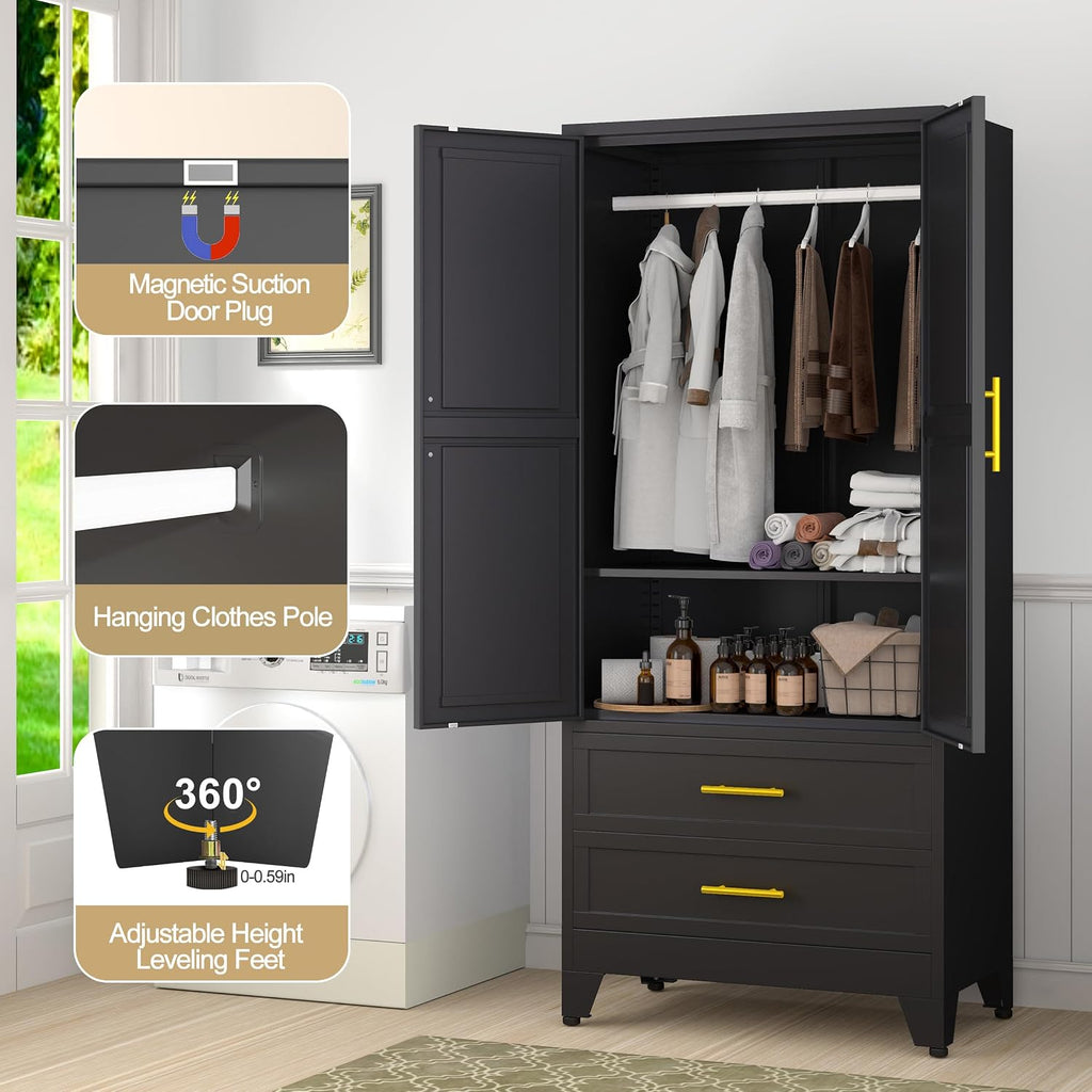 Metal Wardrobe Cabinet with 2 Drawers, 71" Clothing Storage Cabinets | with 2 Doors, 1 Adjustable Shelf, Steel