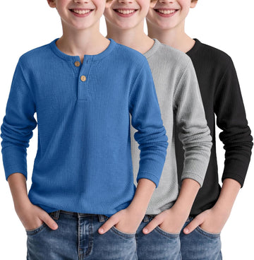 3 Pack Boys Waffle Henley Long Sleeve Thermal Shirts