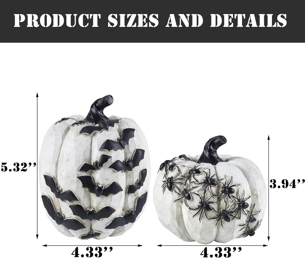 Black and White Pumpkins with Bats for Halloween Indoor Decor - Set of 2