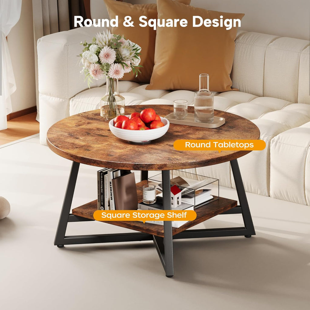 Round Coffee Table, Small Circle Coffee Table with Storage, Modern Wood Round Center Table, Small Space