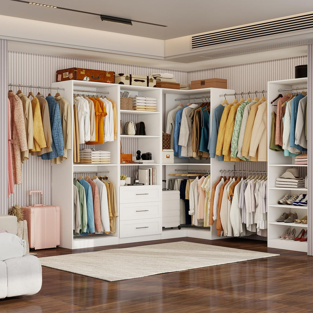 Closet Organizer System of 4 Sets with 3 Drawers, 9 Hanging Rods & 8 Shelves, 157" Walk in Closet System, Corner