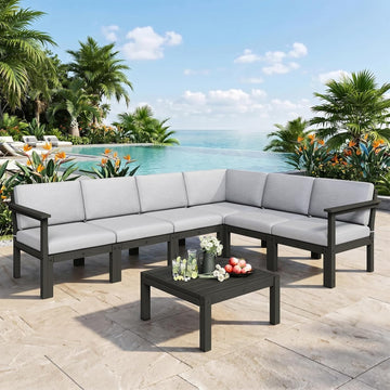 Modular Outdoor Patio Conversation Set, 7-Piece L-Shaped Sectional Sofa Set with Coffee Tables & Thick Cushions, Easy