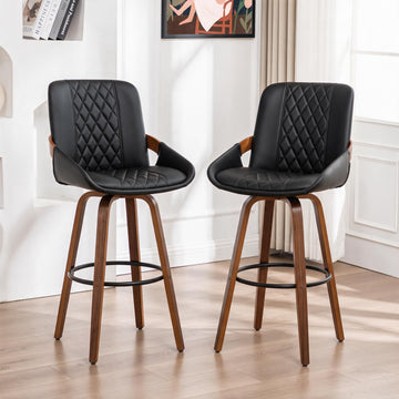 Bar Stools Set of 2, Mid Century Modern Retro Swivel Counter Height Bar Chairs, Furniture with Curved Back, Faux
