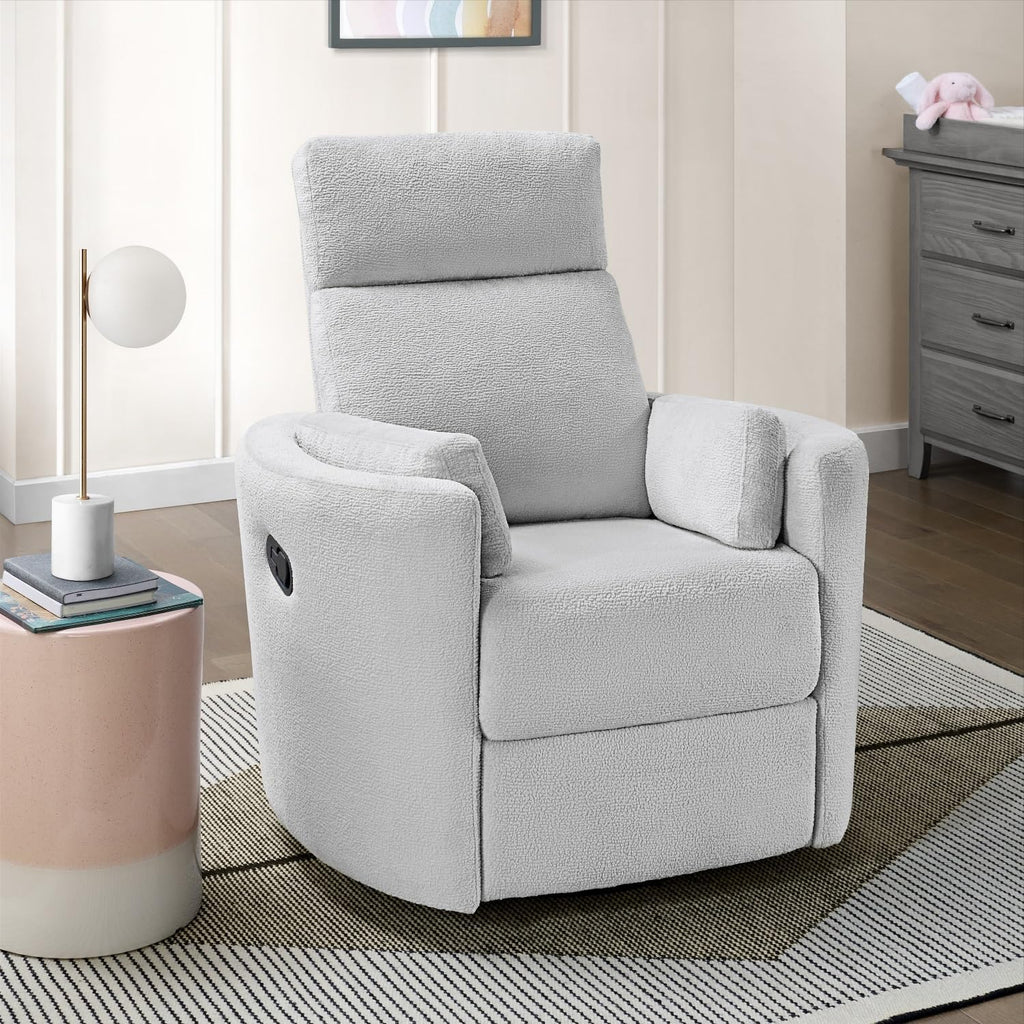 Upholstered Glider Recliner Rocking Chair 360° Swivel r, Plush Gray