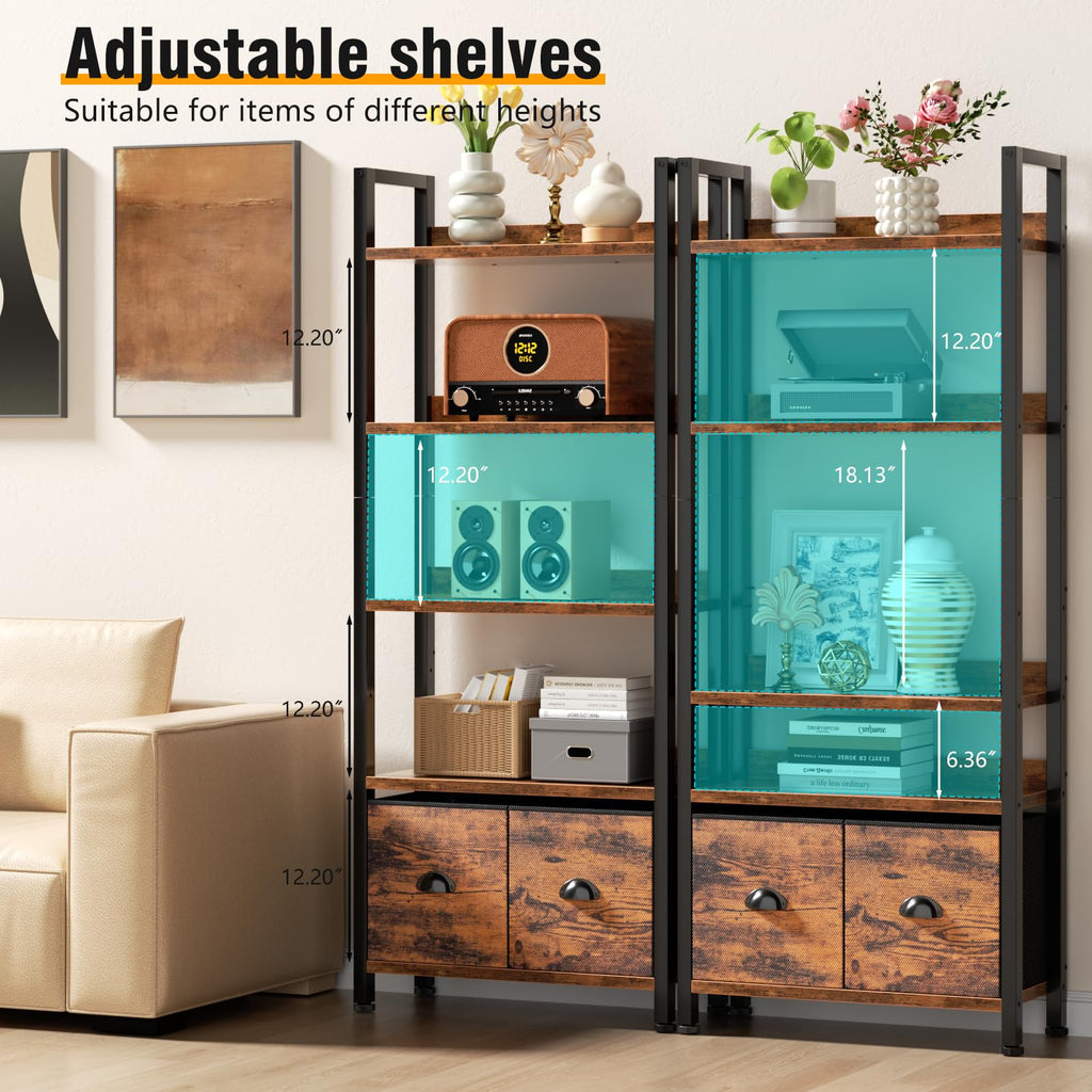 5-Tier Bookshelf, Tall Bookcase with Fabric Drawers, Rustic Brown