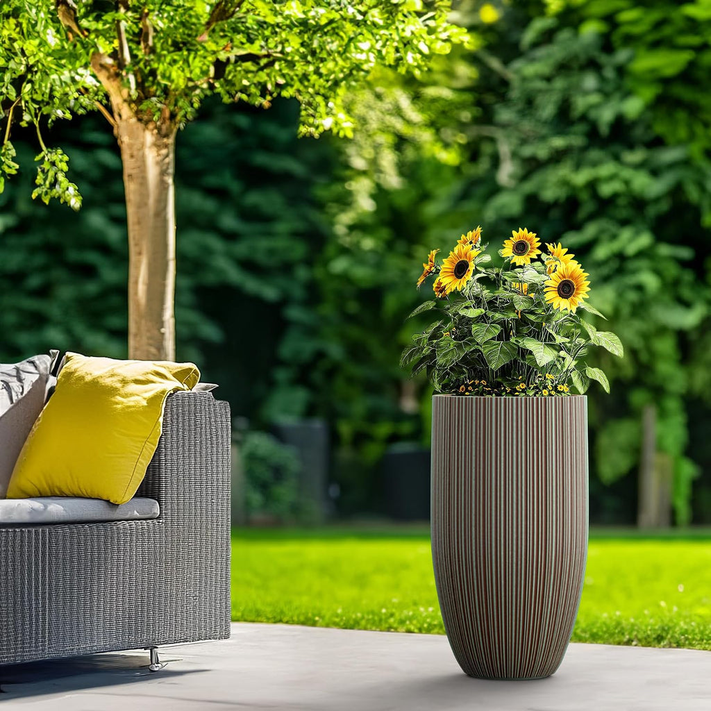 Verdigris Mist XXLarge Fluted Conical Round Planter 24" Tall | Handcrafted Cement Pot, Drainage for Outdoor, Rubber